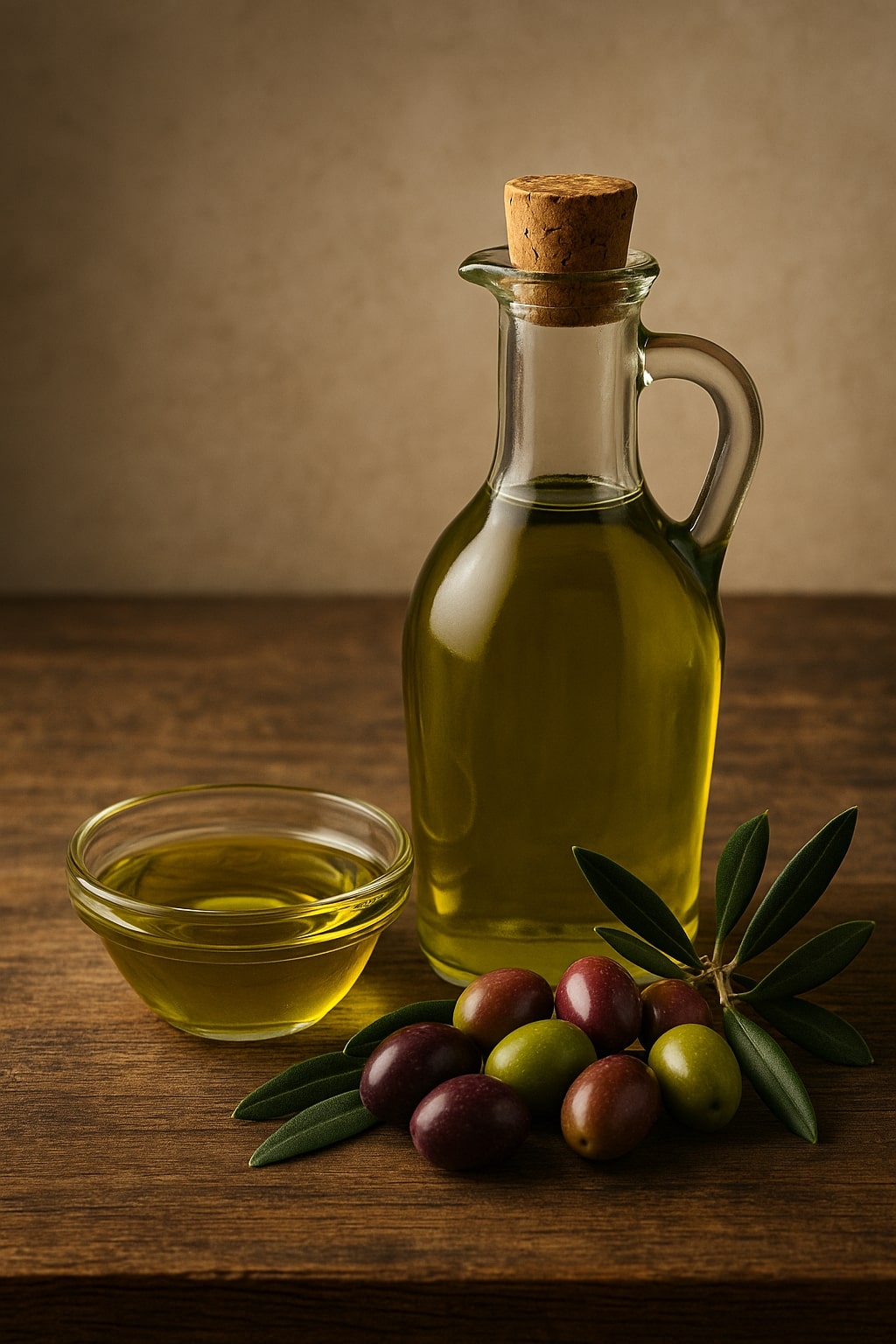 Bottiglia di olio extravergine d'oliva e olive fresche