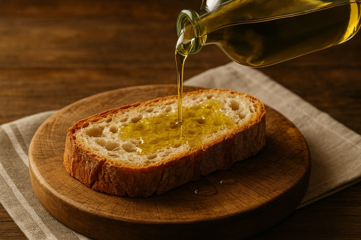 Pane caldo e olio extravergine d'oliva versato a filo
