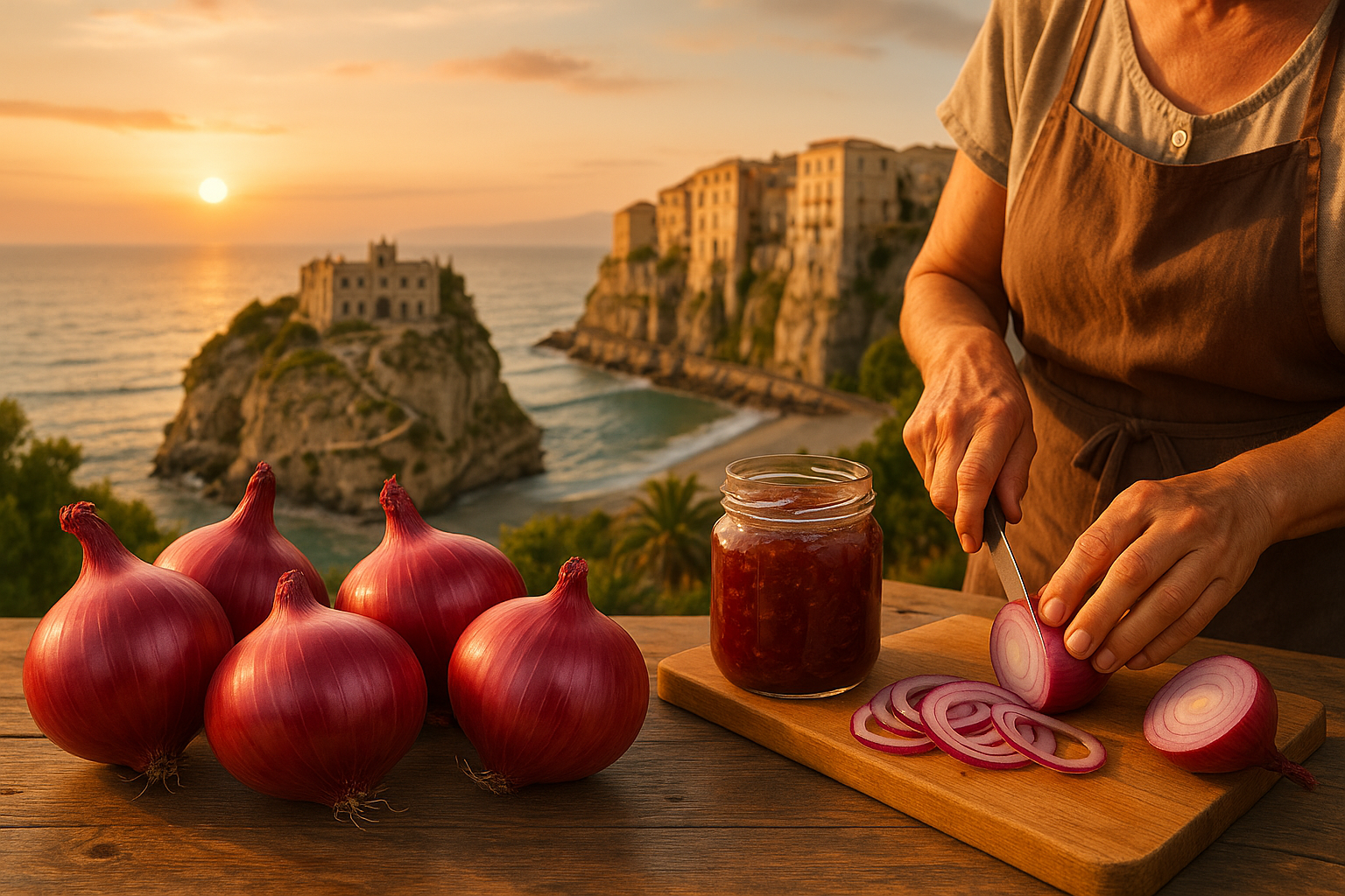 La cipolla Rossa di Tropea con lo sfondo e la cornice della Chiesetta dell'Isola di Tropea